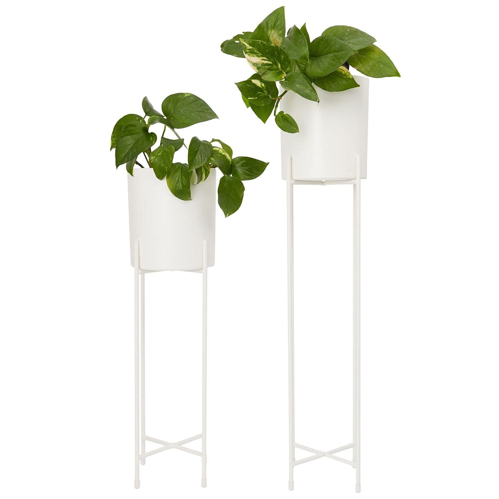 White Plant Stands Throughout Well Known Amazon : Juvale Small Modern Planter Pot With Stand, Set Of 2 For  Indoors And Outdoors (white) : Patio, Lawn & Garden (View 5 of 15)