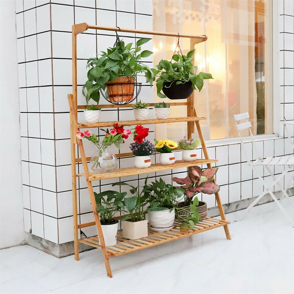 Widely Used Arlmont & Co. Bamboo Shelf Folding 3 Tier Ladder Book Plant Stand With  Hanging Bar Multi Use & Reviews – Wayfair Canada Inside  (View 13 of 15)