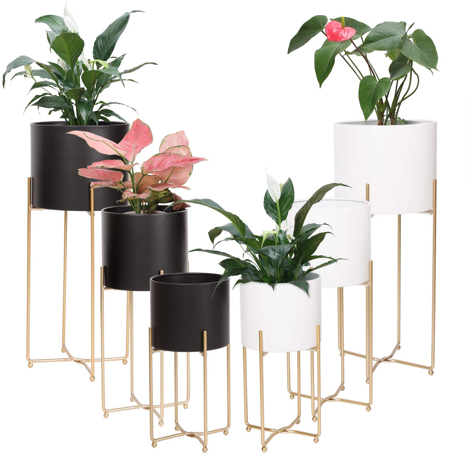 Widely Used Gold Plant Stands Throughout Ryosee Mid Century Planter With Gold Plant Stand, Black And White Pot With  Foldable Stand, Floor (View 7 of 15)