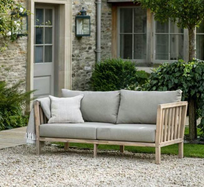 2 Or 3 Seater Garden Sofas In Whitewashed Acacia Hardwood With Soft Grey  Cushions, Priced From. Throughout Fashionable Wood Sofa Cushioned Outdoor Garden (Photo 4 of 15)