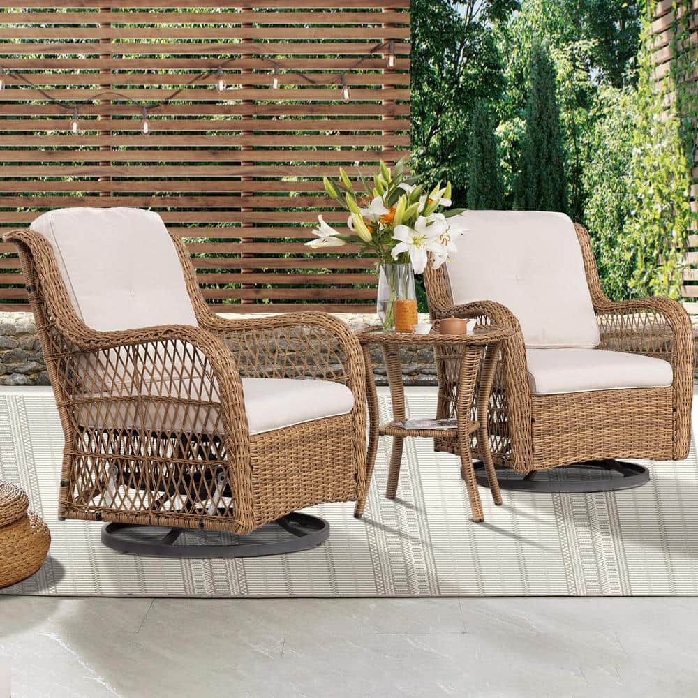 2017 Joyside 3 Piece Wicker Outdoor Swivel Rocking Chair Set With Beige Cushions  Patio Conversation Set (2 Chair) Yw3s M12 Beige – The Home Depot For Rocking Chairs Wicker Patio Furniture Set (Photo 9 of 15)