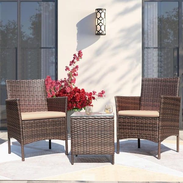 2017 Tozey Brown 3 Pieces Patio Furniture Pe Rattan Outdoor Conversation Set  W/table Backyard Garden Set With Beige Cushion T Lcrf700a – The Home Depot Intended For All Weather Rattan Conversation Set (Photo 13 of 15)