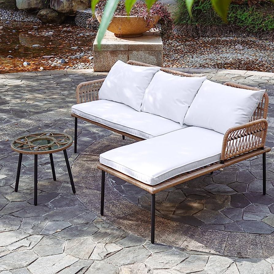 2017 Woven Rope Outdoor 3 Piece Conversation Set Throughout Amazon: Outdoor Patio Rope Woven Furniture Set Of 3,boho Woven Balcony  Furniture Right Left L Shaped Conversation Sofa Set For  Backyard,porch,detachable Lounger With White Thickness Cushions, Side Table  : Patio, Lawn & Garden (View 15 of 15)