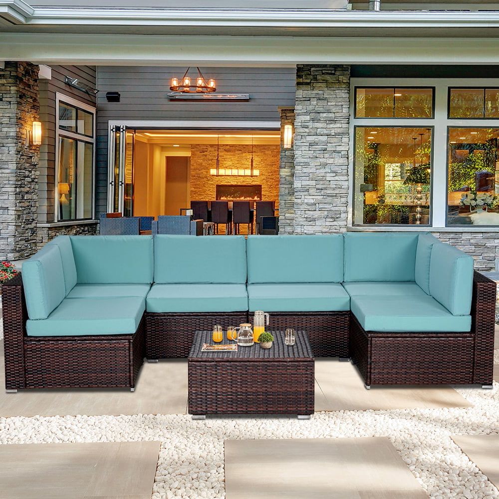 2018 7 Piece Rattan Sectional Sofa Set, Outdoor Conversation Set, All Weather  Wicker Sectional Seating Group With Cushions & Coffee Table, Morden Furniture  Couch Set For Patio Deck Garden Pool, B1319 – Walmart Throughout Outdoor Rattan Sectional Sofas With Coffee Table (Photo 14 of 15)