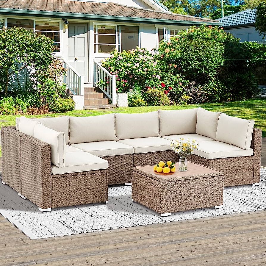 2018 Amazon: Gyutei 7 Piece Rattan Sectional Sofa Set – Light Beige,  All Weather Wicker, Perfect For Porch, Garden, And Backyard Conversations :  Patio, Lawn & Garden Throughout 7 Piece Rattan Sectional Sofa Set (View 2 of 15)