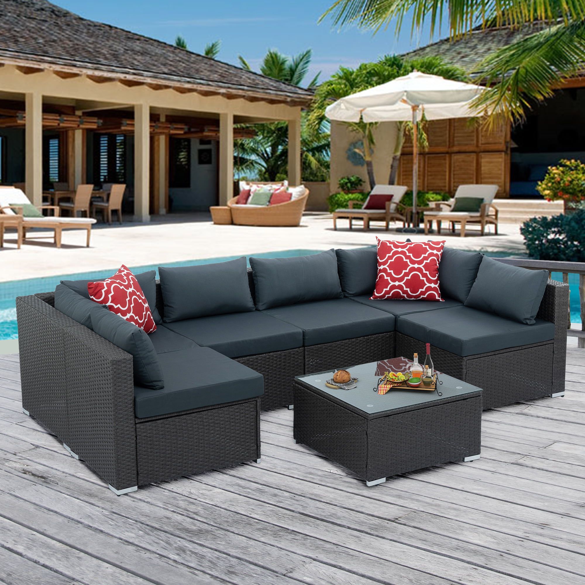2018 Cushions & Coffee Table Furniture Couch Set Within 7 Piece Patio Sectional Sofa Set, Outdoor Conversation Set, All Weather  Wicker Sectional Seating Group With Cushions & Coffee Table, Modern Furniture  Couch Set For Patio Deck Garden Pool, Gray – Walmart (View 3 of 15)