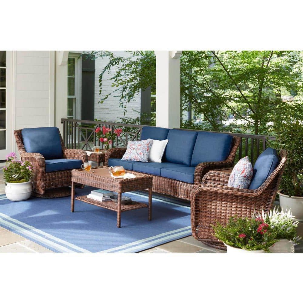 2018 Hampton Bay Cambridge Brown 4 Piece Wicker Patio Conversation Set With Blue  Cushions 65 17148b 4 – The Home Depot With Regard To 4 Piece Outdoor Wicker Seating Set In Brown (View 8 of 15)