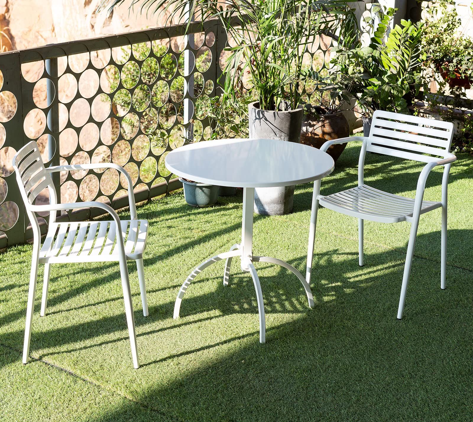 2018 Metal Table Patio Furniture Throughout Amazon: Lisuden Patio Bistro Metal Table Set With 2 Chairs, Outdoor  Steel Slat Round Table For 2 Person, 27.5"(dia) X28(h), Weather Resistant Furniture  Table Conversation Set For Backyard, Garden (white) : Patio, Lawn (Photo 5 of 15)