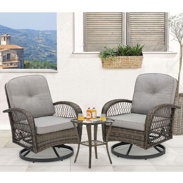 2018 Patio Furniture Wicker Outdoor Bistro Set Inside Erommy 3 Piece Wicker Outdoor Bistro Set With Grey Cushions, 360 Degree  Swivel Patio Rocking Chairs Baaa003gy – The Home Depot (Photo 4 of 15)