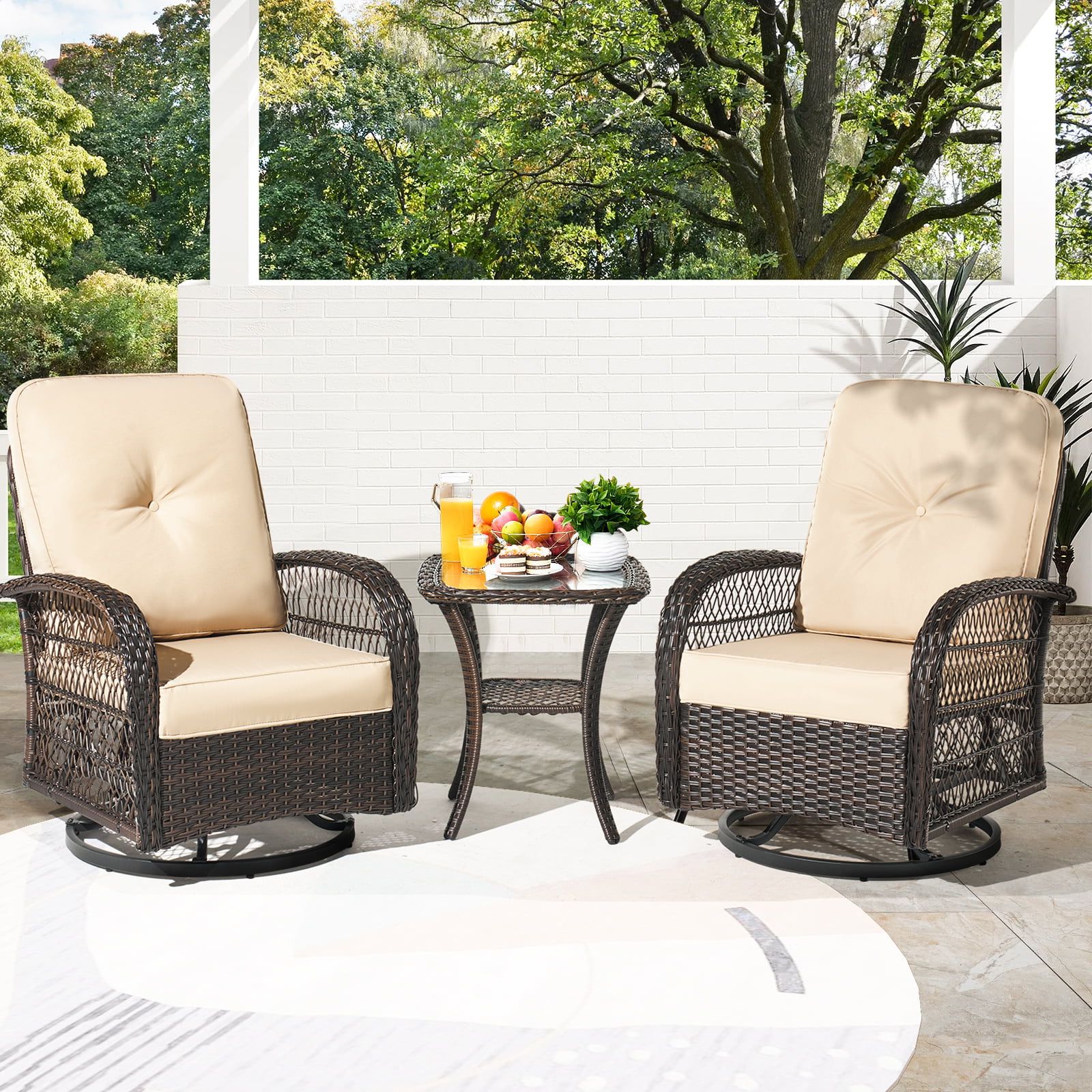 2018 Sonegra 3 Pieces Outdoor Wicker Swivel Rocker Patio Set, 360 Degree Swivel  Rocking Chairs Elegant Wicker Patio Bistro Set With Premuim Cushions And  Armored Glass Top Side Table For Backyard(beige) – Walmart Pertaining To 3 Pieces Outdoor Patio Swivel Rocker Set (Photo 5 of 15)