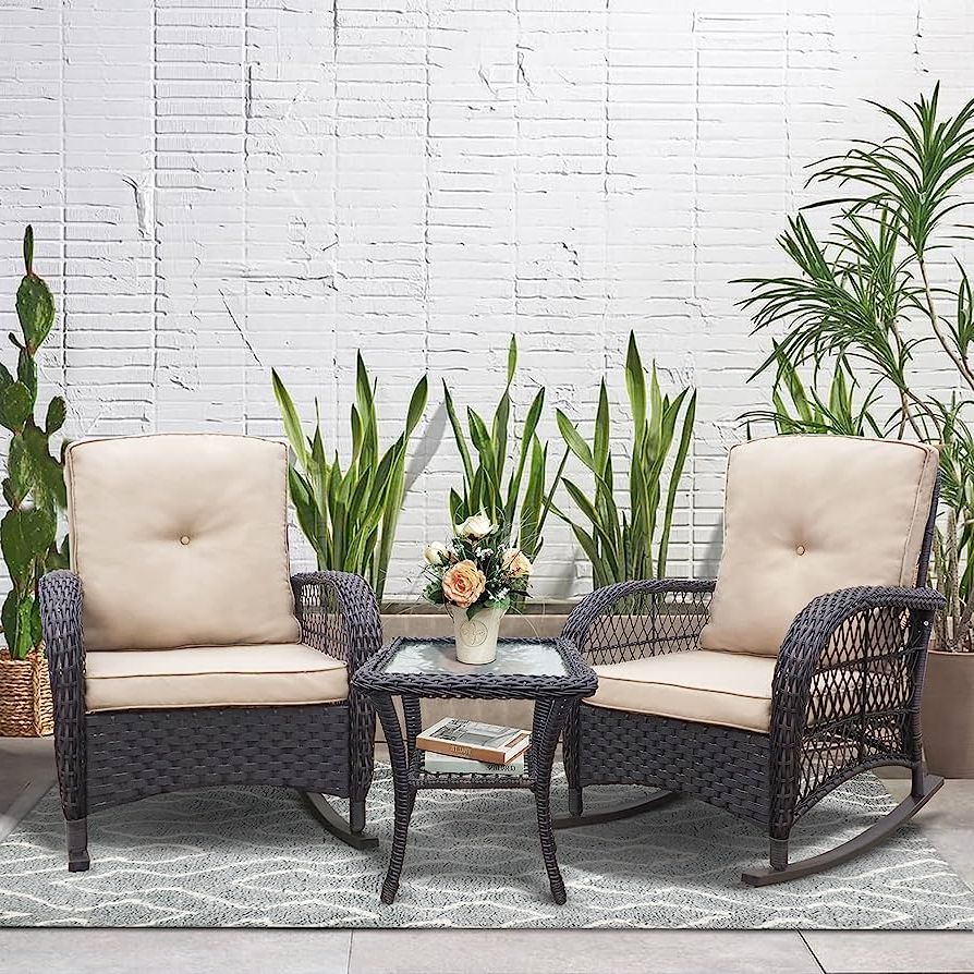 3 Piece Cushion Rocking Chair Set With Current Amazon: 3 Pieces Outdoor Wicker Rocker Patio Bistro Set, Rocking Glider  Chairs With Premium Cushions And Armored Glass Top Side Table, Elegant  Wicker Patio Bistro Conversation Sets For Backyard : Patio, Lawn (View 4 of 15)