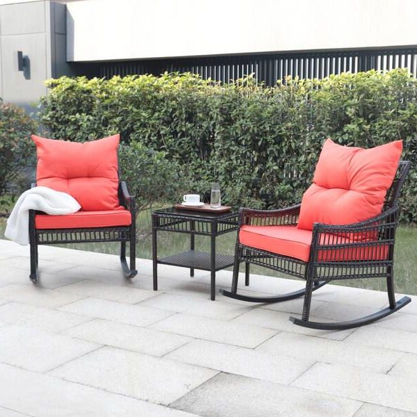 3 Piece Cushion Rocking Chair Set With Most Current Veikous Dark Brown 3 Piece Patio Wicker Outdoor Rocking Chair Set With  Orange Cushions And Pillows Pg0206 02bn 2 – The Home Depot (View 12 of 15)