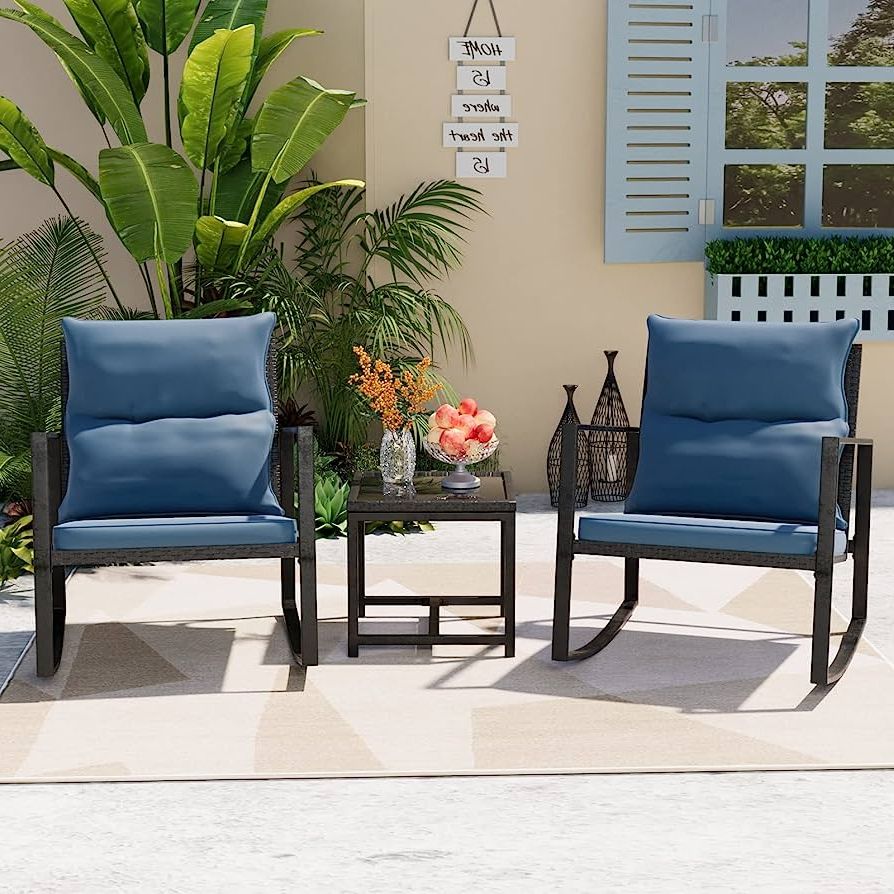 3 Piece Cushion Rocking Chair Set With Regard To 2017 Amazon: Cosiest 3 Piece Bistro Set Patio Rocking Chairs Outdoor Porch  Furniture W Blue Cushions,water Resistant,glass Top Coffee Table For  Garden, Pool, Backyard : Patio, Lawn & Garden (Photo 2 of 15)