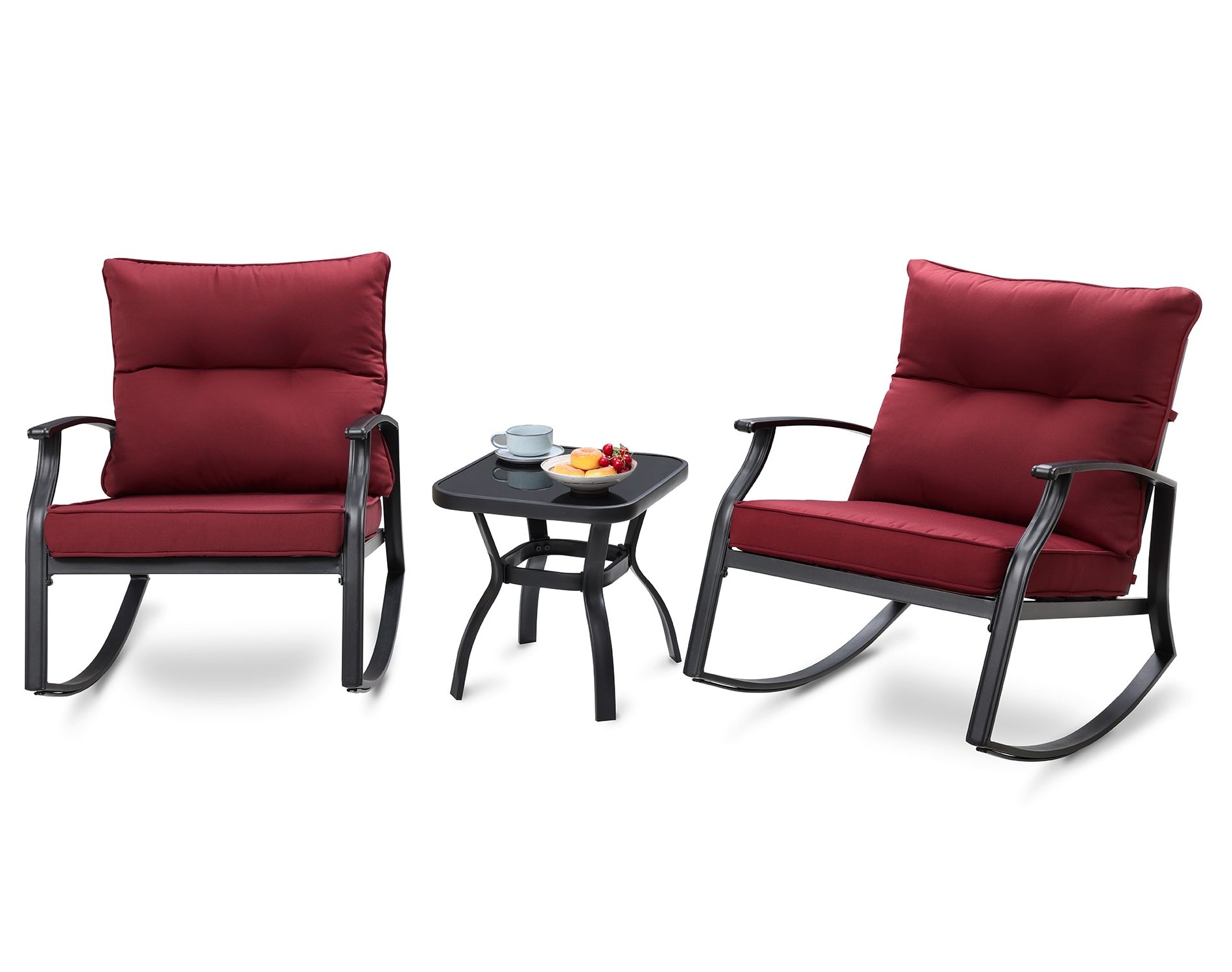3 Piece Cushion Rocking Chair Set With Regard To Newest Clihome Patio Rocking Chair 3 Piece Patio Conversation Set With Red Cushions  In The Patio Conversation Sets Department At Lowes (View 14 of 15)