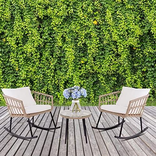 3 Piece Outdoor Boho Wicker Chat Set Regarding Most Popular Amazon: Patio Outdoor Boho Balcony Furniture Rocking Chairs Set,wicker  Rattan Small Patio Conversation Rocking Chairs And Glass Table,3 Piece Chat  Set With Waterproof Cushions : Patio, Lawn & Garden (View 7 of 15)