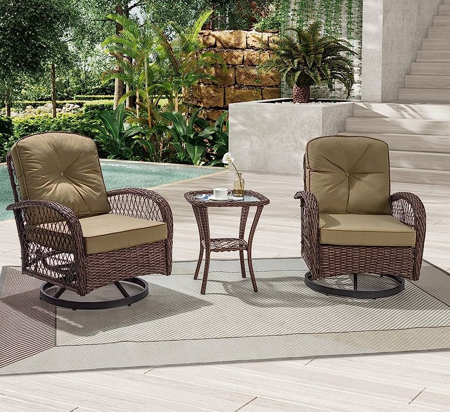 3 Pieces Outdoor Patio Swivel Rocker Set For Fashionable Amazon: Imusee Outdoor Swivel Rocker Patio Chairs Set, 3 Piece Patio  Bistro Set With Rocking And Swivel Chair, Khaki Buttoned Cushions (brown &  Khaki) : Patio, Lawn & Garden (Photo 1 of 15)