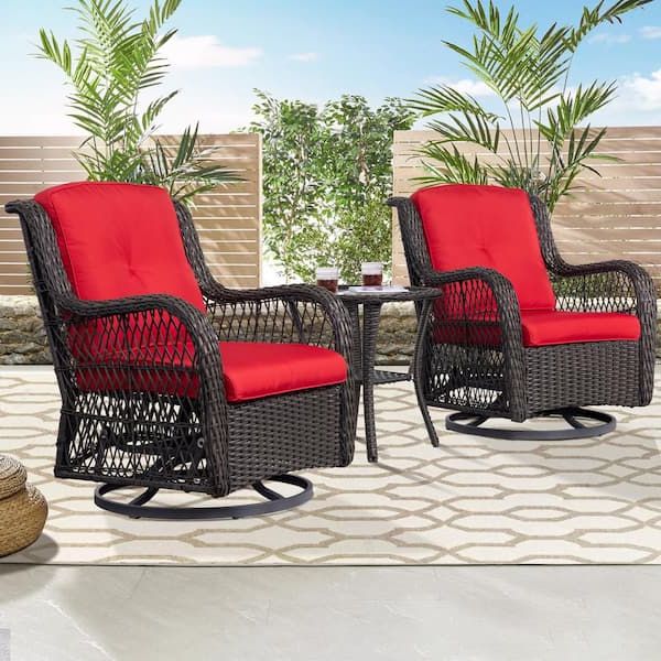 3 Pieces Outdoor Patio Swivel Rocker Set For Most Recently Released Joyside 3 Piece Brown Wicker Outdoor Swivel Rocking Chair Set With Red  Cushions Patio Conversation Set (2 Chair) Bw3s M13 Red – The Home Depot (View 14 of 15)