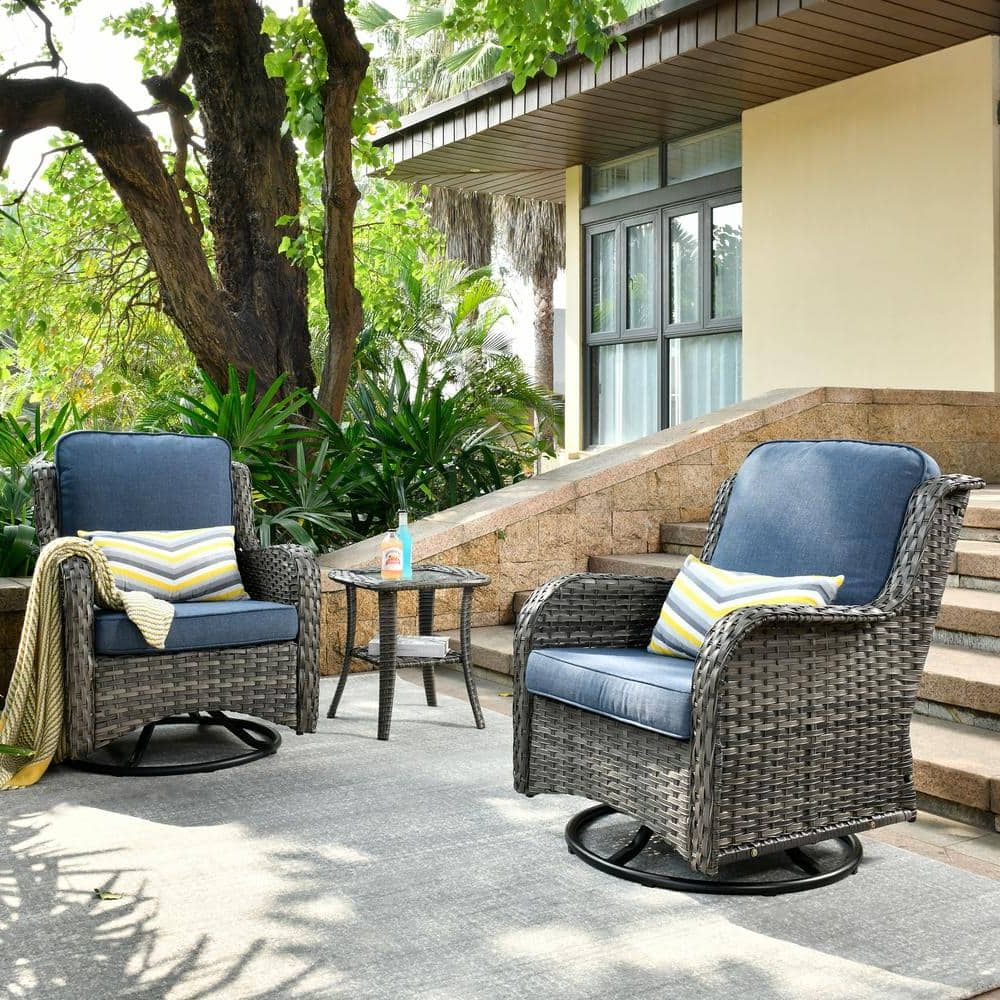 3 Pieces Outdoor Patio Swivel Rocker Set With Widely Used Ovios Joyoung Gray 3 Piece Wicker Outdoor Patio Conversation Seating Set  With Denim Blue Cushions And Swivel Rocking Chairs Yjntc303r – The Home  Depot (View 7 of 15)
