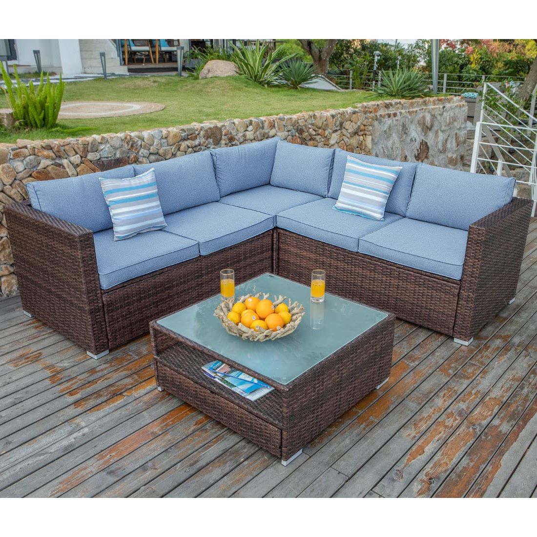 4 Piece Outdoor Wicker Seating Set In Brown Intended For Latest Amazon: Cosiest 4 Piece Outdoor Furniture Set All Weather Brown Wicker  Sectional Sofa W Glass Coffee Table, Heritage Blue Cushions,2 Stripe Woven  Pillows Incl. Waterproof Cover For Garden : Patio, Lawn & Garden (Photo 13 of 15)