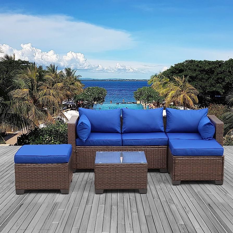 4 Piece Outdoor Wicker Seating Set In Brown Intended For Popular Amazon: Valita 4 Piece Outdoor Rattan Furniture Set All Weather Pe Brown  Wicker Sofa Patio Sectional Conversation Garden Couch With Royal Blue  Cushion : Patio, Lawn & Garden (Photo 5 of 15)