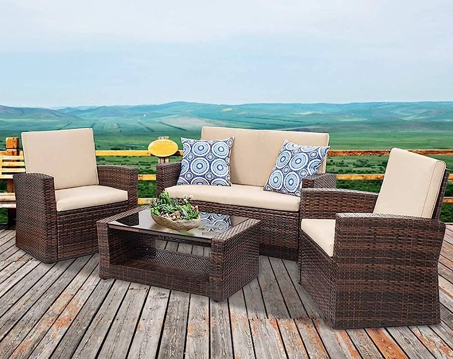 4 Piece Outdoor Wicker Seating Set In Brown Throughout Most Current Amazon: Fdw Patio Furniture Sets 4 Piece Rattan Chair Patio Sofas Wicker  Sectional Sofa Outdoor Conversation (brown And Tan) : Patio, Lawn & Garden (View 2 of 15)