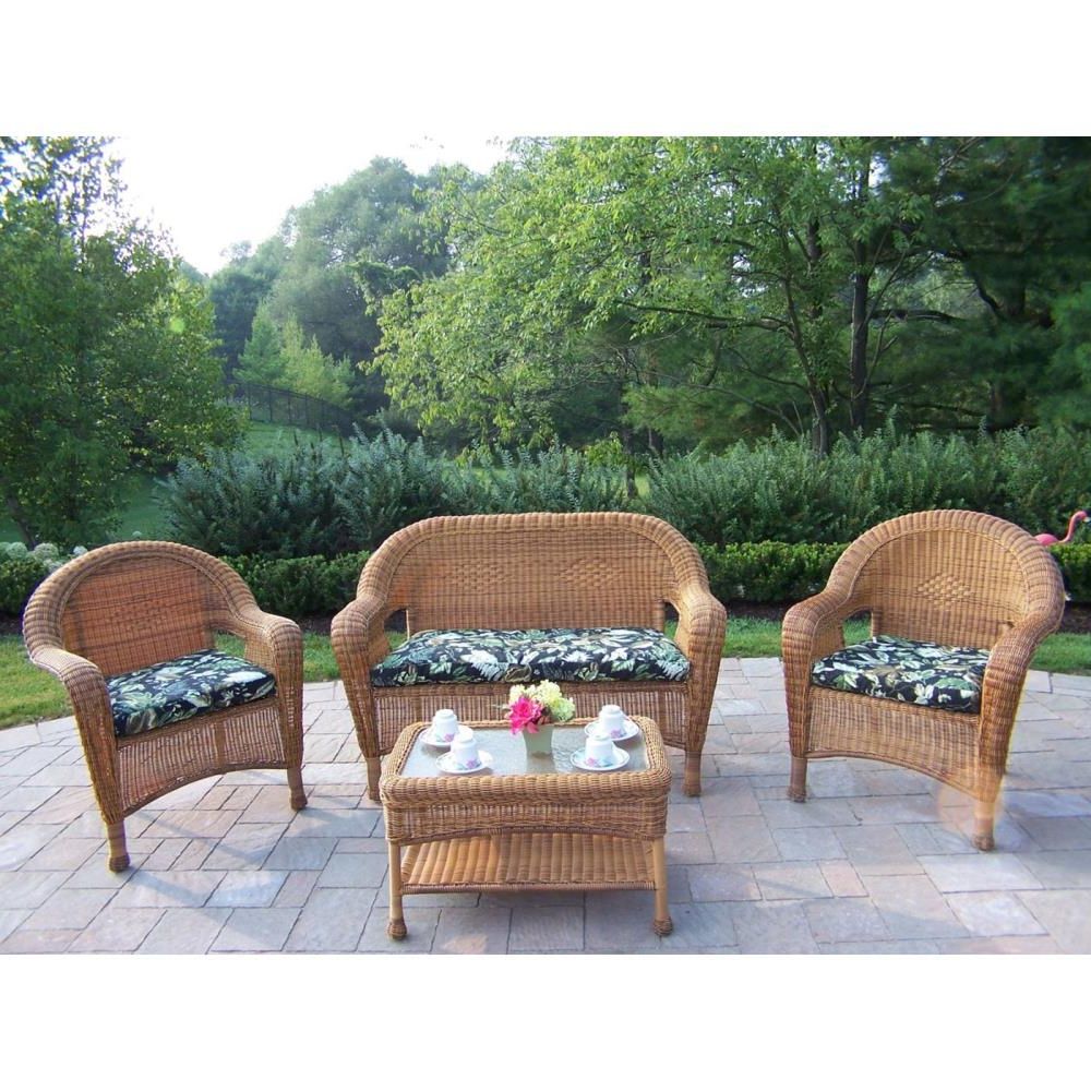 4 Piece Outdoor Wicker Seating Set In Brown With Newest Oakland Living Resin Wicker 4 Piece Woven Patio Conversation Set With Brown  Cushions In The Patio Conversation Sets Department At Lowes (Photo 9 of 15)