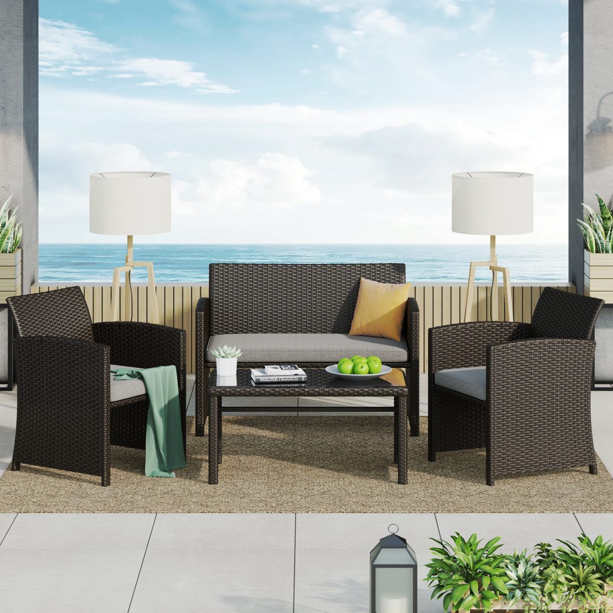 4 Piece Outdoor Wicker Seating Set In Brown Within Well Known Alsace 4 Piece Outdoor Brown Rattan Sofa Conversation Set With Cushions (View 11 of 15)