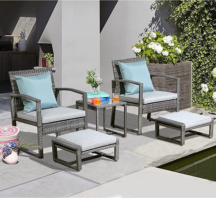 5 Piece Outdoor Patio Furniture Set Inside Famous Amazon: Patiorama 5 Piece Outdoor Patio Wicker Furniture Set, All  Weather Grey Pe Rattan Chair And Ottoman Footstool Set, W/coffee Table,  Cushions (light Grey) For Garden, Balcony, Porch, Space Saving Design : (Photo 3 of 15)