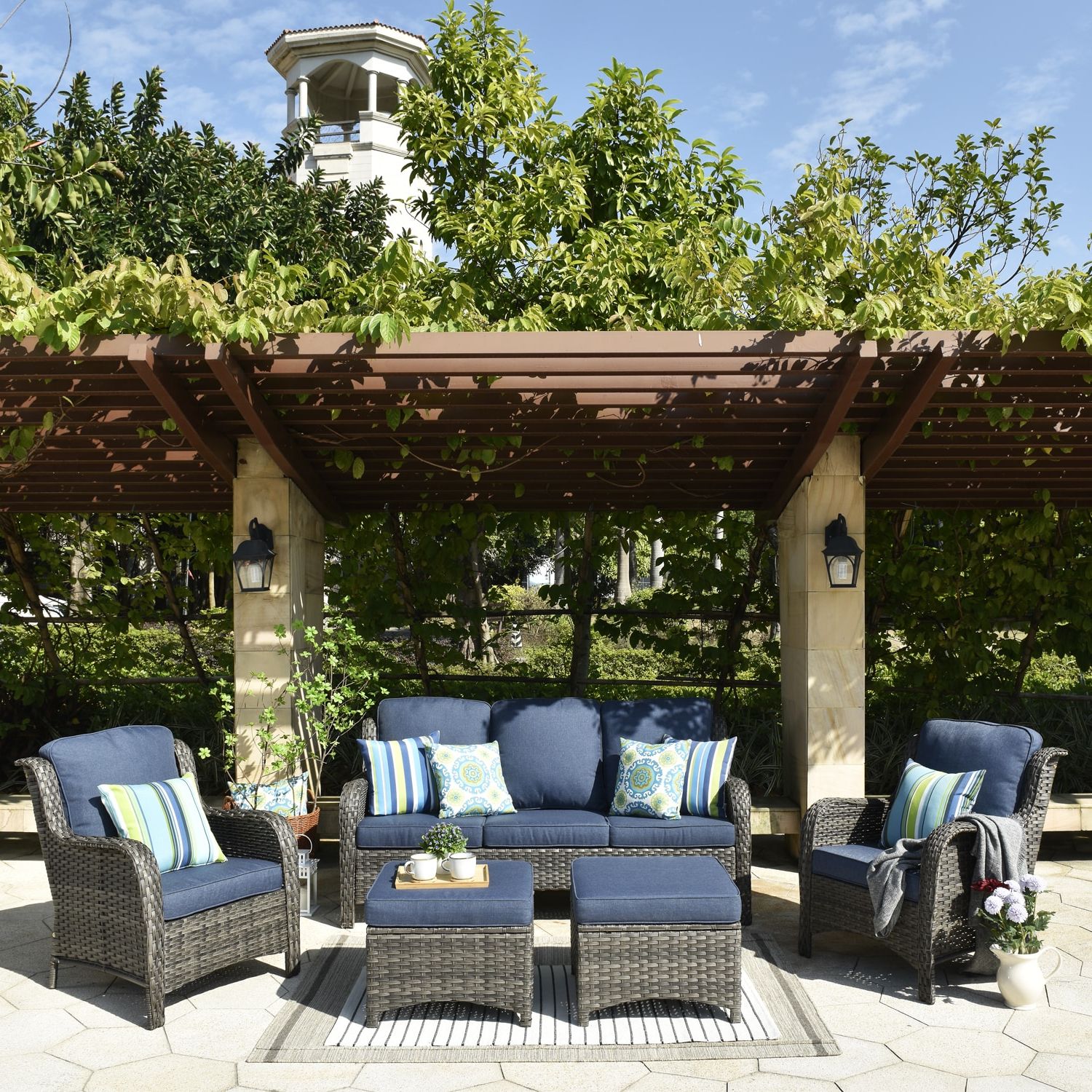 5 Piece Outdoor Patio Furniture Set Pertaining To Fashionable Ovios 5 Piece Rattan Patio Conversation Set With Blue Cushions In The Patio  Conversation Sets Department At Lowes (View 9 of 15)