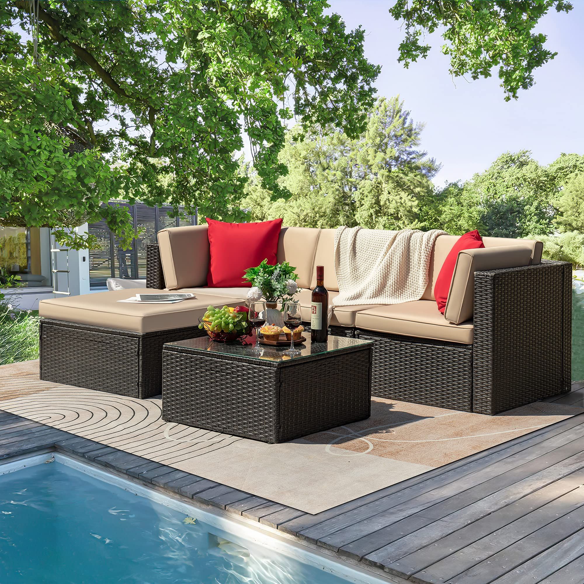 5 Piece Patio Conversation Set Inside Well Known Amazon: Tuoze 5 Pieces Patio Furniture Sectional Outdoor Pe Rattan  Wicker Lawn Conversation Cushioned Garden Sofa Set With Glass Coffee Table  (beige) : Patio, Lawn & Garden (Photo 1 of 15)