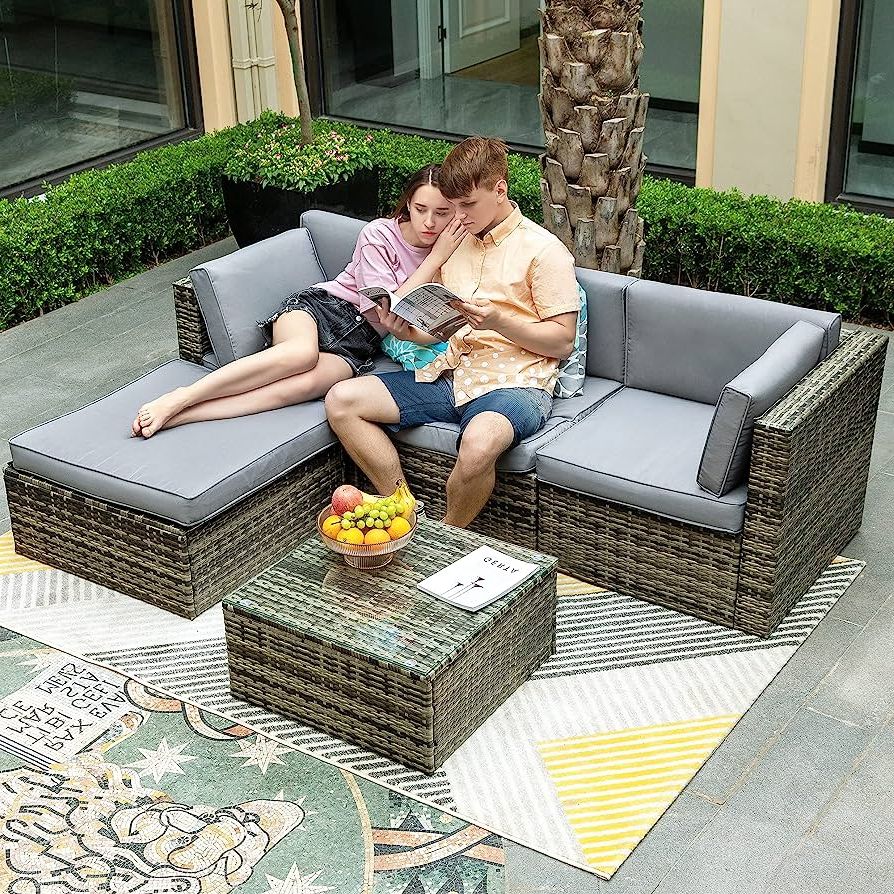 5 Piece Patio Conversation Set Within Most Recently Released Amazon: Yitahome Patio Furniture Set, 5 Piece Outdoor Sectional Sofa Furniture  Sets, Pe Wicker Conversation Set With Ottoman, Rattan Coffee Table &  Cushions For Lawn Backyard Garden Porch, Gray Gradient : Patio, (Photo 9 of 15)