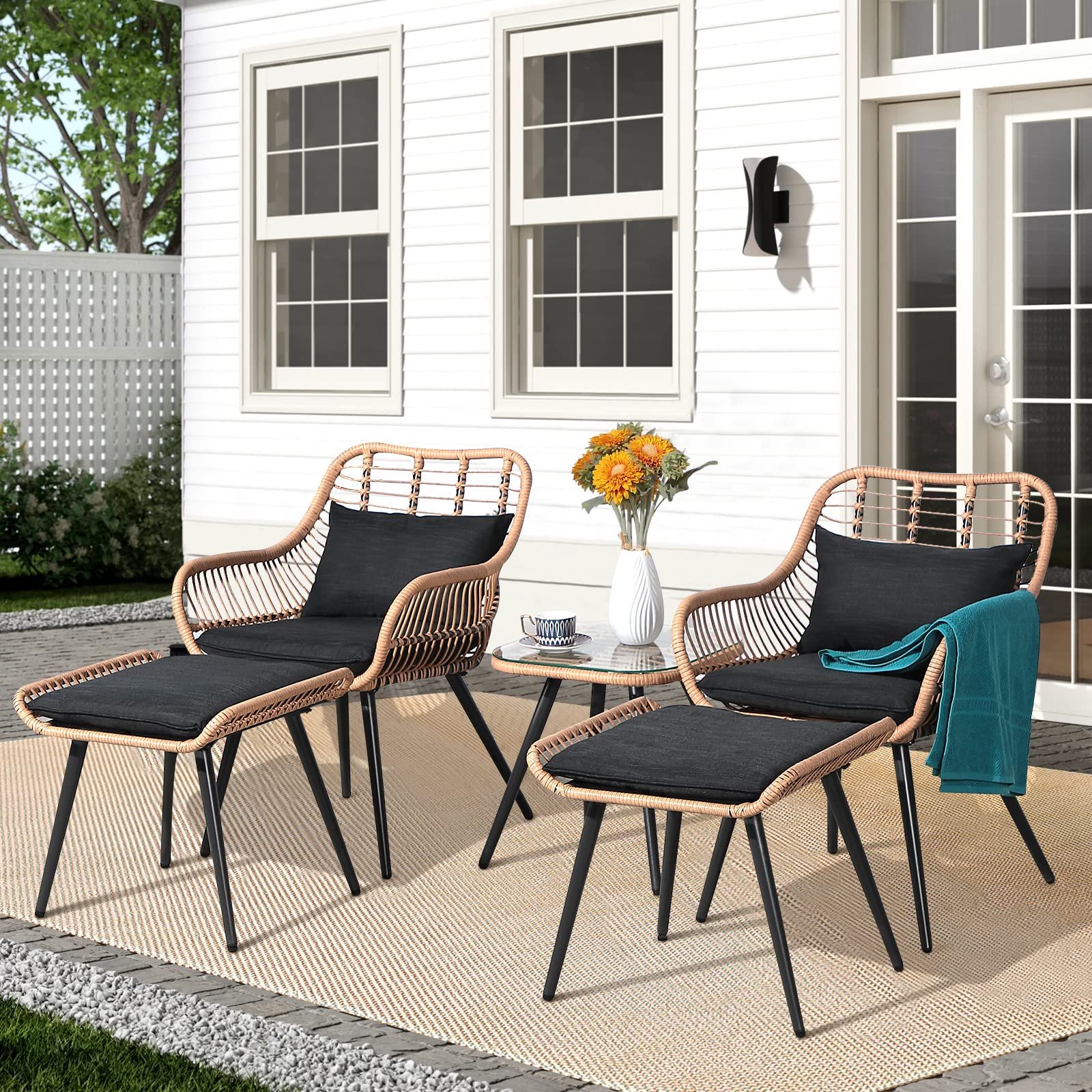 5 Piece Patio Furniture Set Intended For Fashionable Amazon: Joivi 5 Piece Outdoor Patio Furniture Set, Pe Rattan Wicker  Small Patio Conversation Set Porch Furniture, Cushioned Patio Chairs With  Ottomans And Side Table : Patio, Lawn & Garden (View 8 of 15)