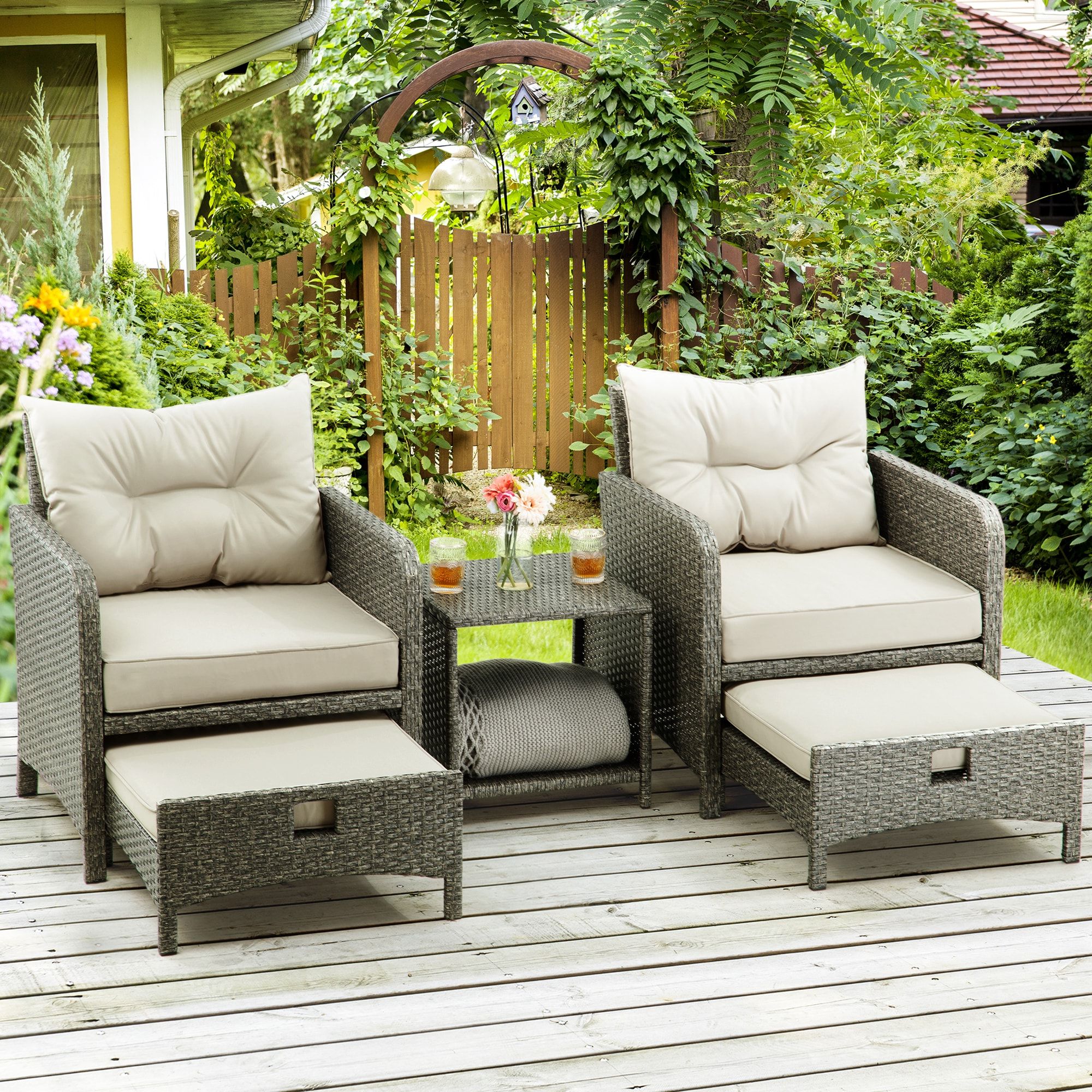 5 Piece Patio Furniture Set Regarding Current 5 Piece Patio Conversation Set 5 Piece Wicker Patio Conversation Set With  Gray Pamapic Cushions In The Patio Conversation Sets Department At Lowes (View 3 of 15)