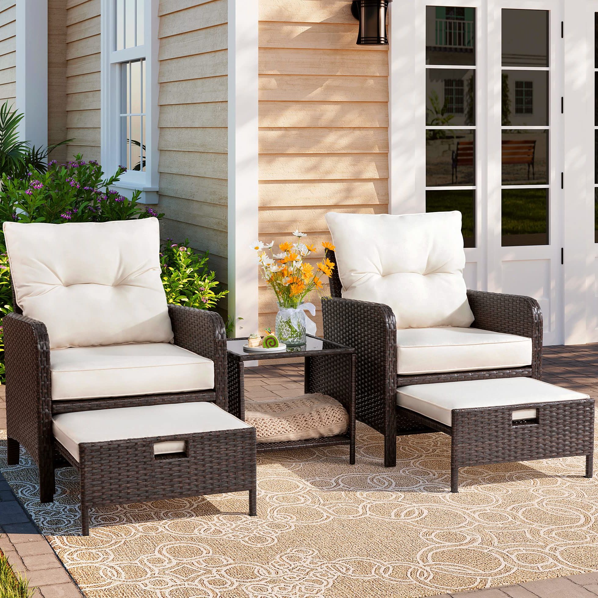 5 Piece Patio Furniture Set Regarding Newest Amazon: Vongrasig 5 Piece Wicker Patio Furniture Set, All Weather Pe  Wicker Rattan Outdoor Chair And Ottoman Set, Small Cushioned Patio Chairs  With Ottoman Underneath For Lawn Garden Backyard (beige) : Patio, (View 5 of 15)