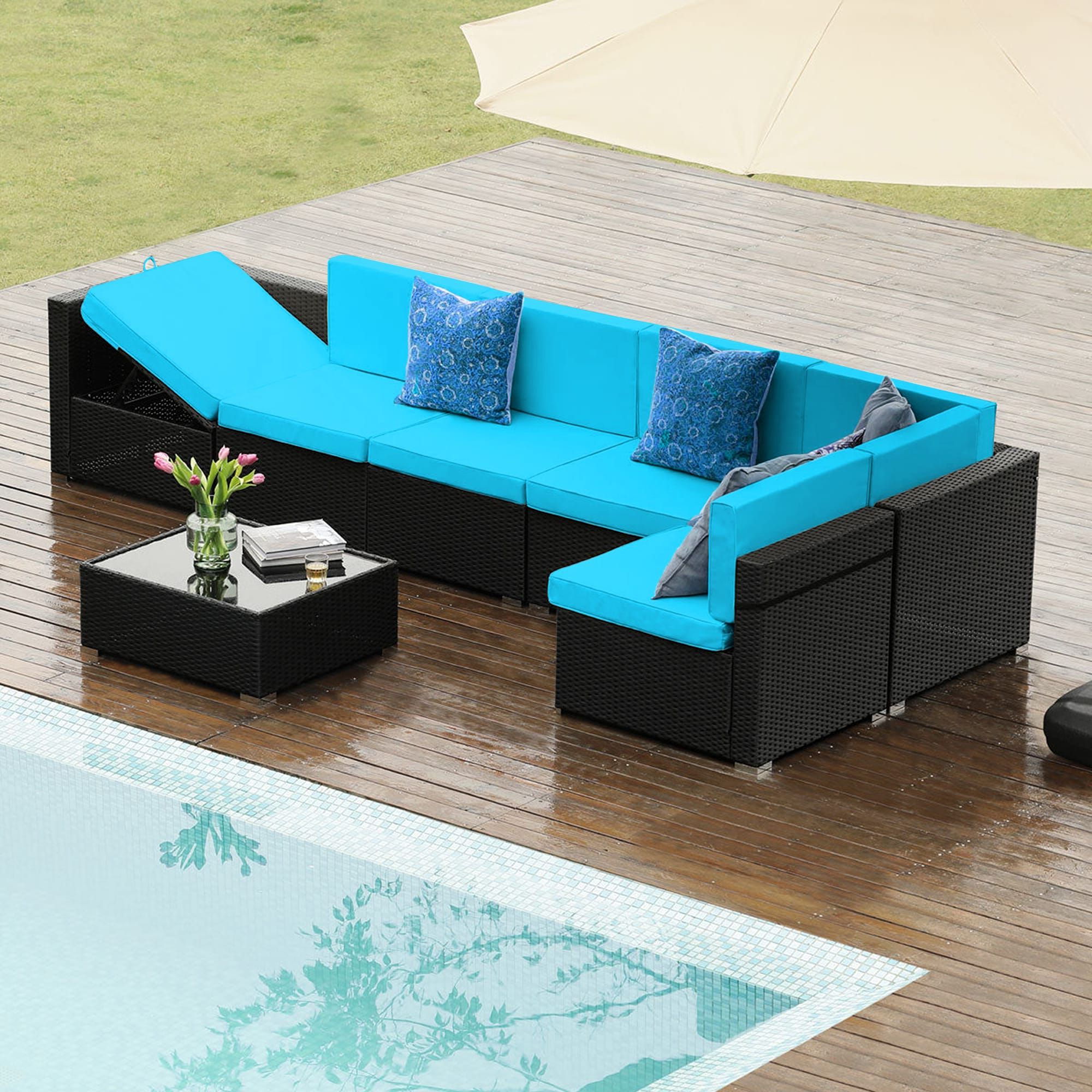 7  Piece Patio Conversation Set Rattan Outdoor Sectional With Blue  Cushion(s) And Iron Frame In The Patio Sectionals & Sofas Department At  Lowes Within Current Side Table Iron Frame Patio Furniture Set (View 12 of 15)