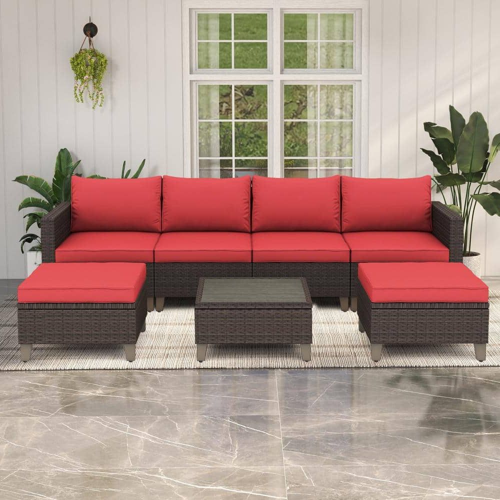 7 Piece Rattan Sectional Sofa Set Intended For Latest Cesicia 7 Piece Rattan Wicker Patio Furniture Set Outdoor Sectional Sofa Set  With Red Cushions And Pillows For Porch Lawn Garden Optred3251 – The Home  Depot (View 14 of 15)