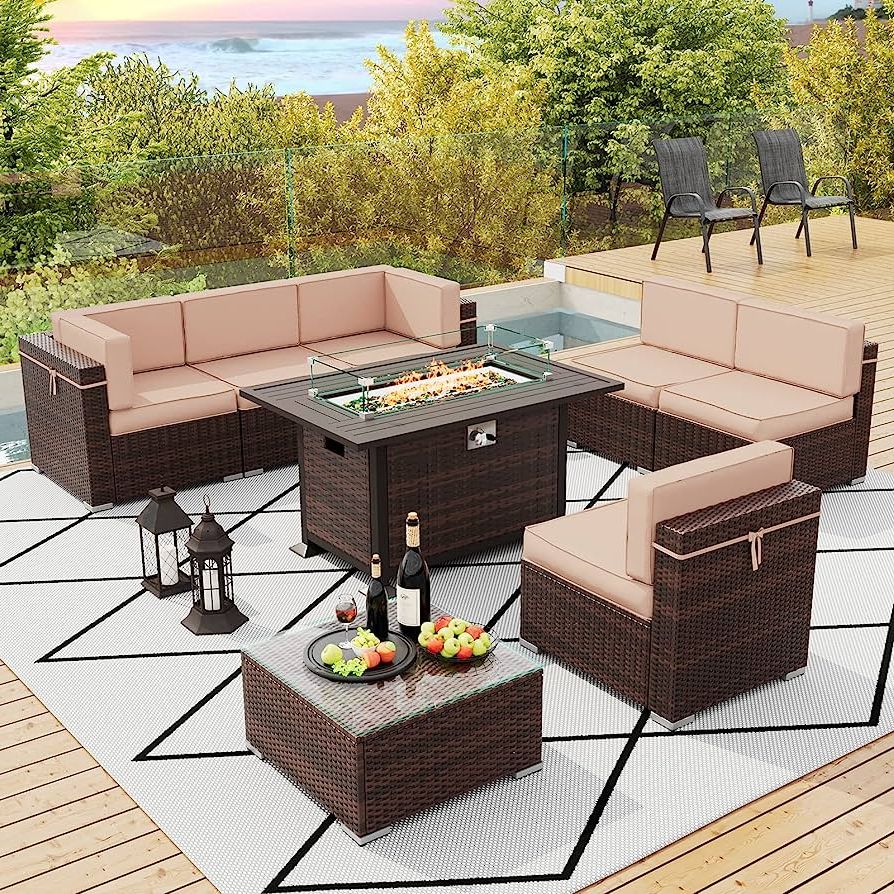 8 Pcs Outdoor Patio Furniture Set With Regard To Fashionable Amazon: Amopatio 8 Pieces Patio Furniture Set Outdoor With Gas Fire Pit  Table, Pe Wicker Pit Conversation Set, 44" Gas Fire Patio Sectional  Furniture With Khaki Cushions, Coffee Table, Two Waterproof Covers : (View 12 of 15)