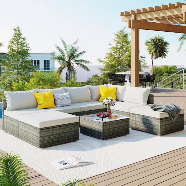 8 Pcs Outdoor Patio Furniture Set Within Trendy Afoxsos Gray 8 Pieces Outdoor Pe Wicker Patio Furniture Set Garden  Conversation Sofa Set With Beige Cushions Hdmx1395 – The Home Depot (View 13 of 15)