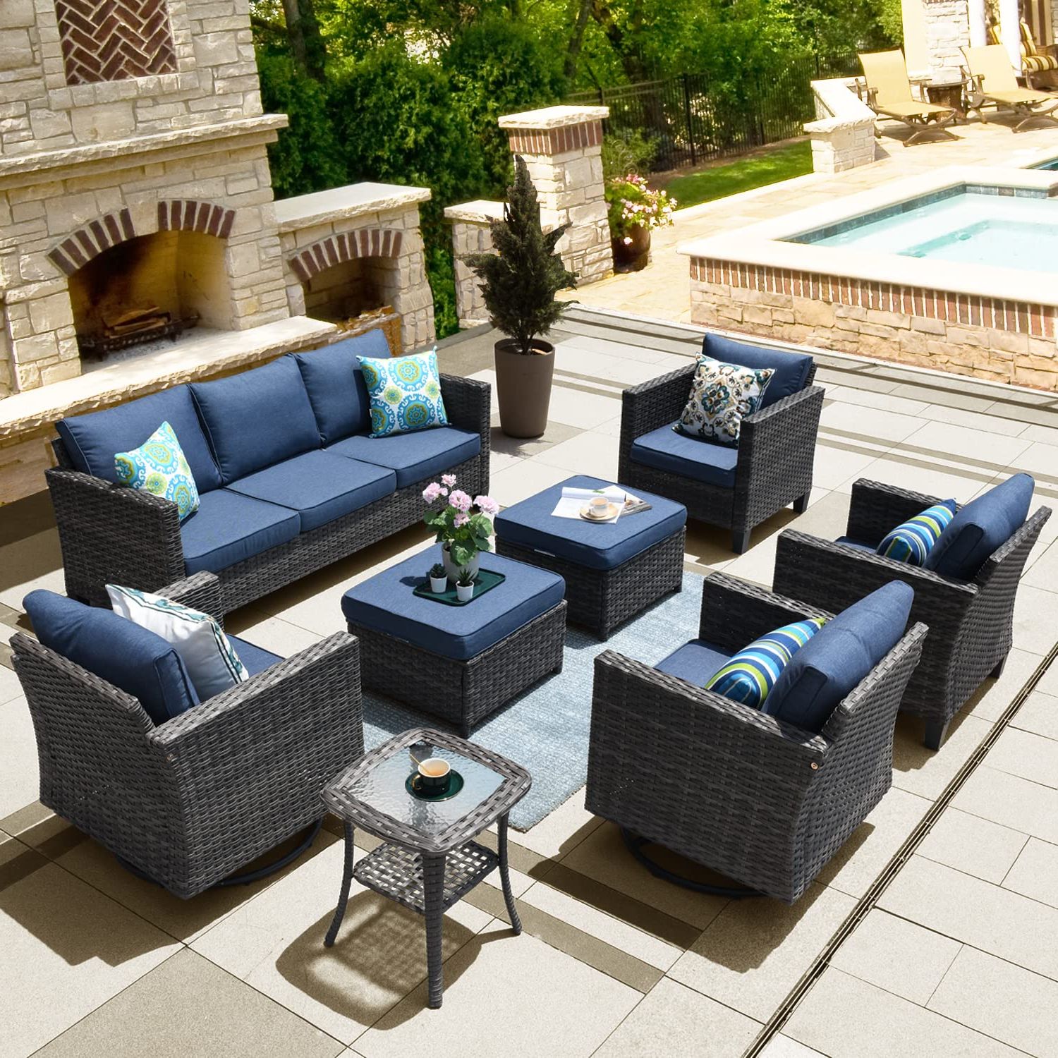 8 Pcs Outdoor Patio Furniture Set Within Trendy Amazon: Ovios Patio Furniture Set 8 Pcs Outdoor Wicker Rocking Swivel  Chairs Sectional Sofa Set With Single Chairs High Back Rattan Sofa For Yard  Garden Porch (denim Blue) : Patio, Lawn & (Photo 1 of 15)