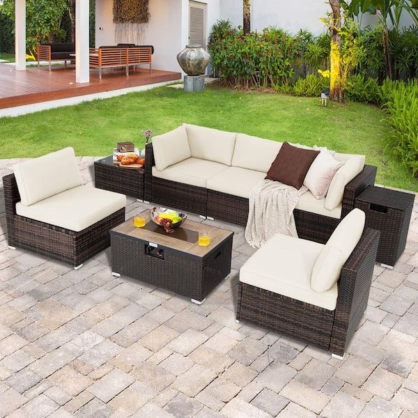 8 Piece Patio Rattan Outdoor Furniture Set With Regard To Favorite Costway 8 Piece Patio Rattan Furniture Set Fire Pit Table Tank Holder Cover  Deck Off White Np10261cf+hw67937wha+ – The Home Depot (View 15 of 15)