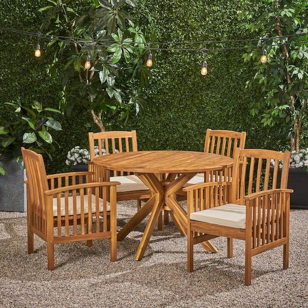 Acacia Wood With Table Garden Wooden Furniture Inside Most Recent Noble House Casa Acacia Teak Brown 5 Piece Acacia Wood Round Table With  X Legs Outdoor Dining Set With Cream Cushions 55165 – The Home Depot (Photo 8 of 15)