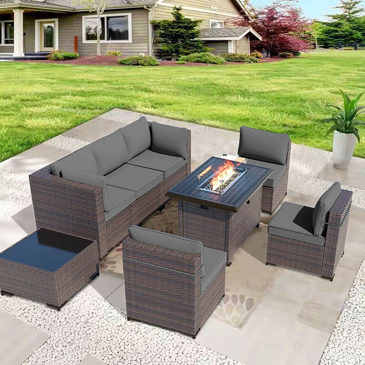 Alaulm 8 Pieces Outdoor Patio Furniture Set With Propane Fire Pit Table  Outdoor Sectional Sofa Sets Patio Furniture 43" Gas Fire Pit Brown Pe  Rattan Patio Conversation Set W/6 Cushions, Gray – Intended For Latest 8 Pcs Outdoor Patio Furniture Set (View 10 of 15)