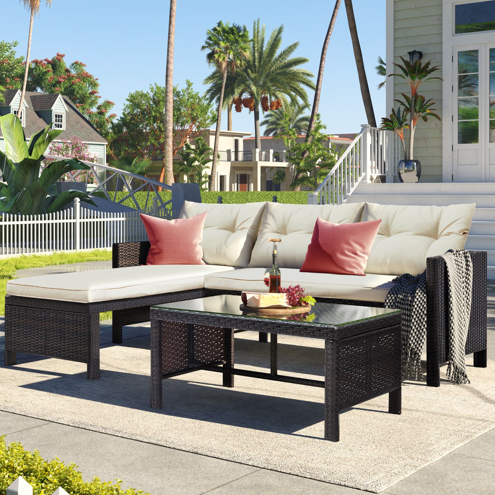 All Weather Rattan Conversation Set Throughout Best And Newest 3 Pcs Patio Sectional Sofa Conversation Set, All Weather Rattan Patio  Furniture Set, Brown Outdoor Chaise Lounge Set With Cushion And Table, Deck  Backyard Porch Furniture – Walmart (View 11 of 15)