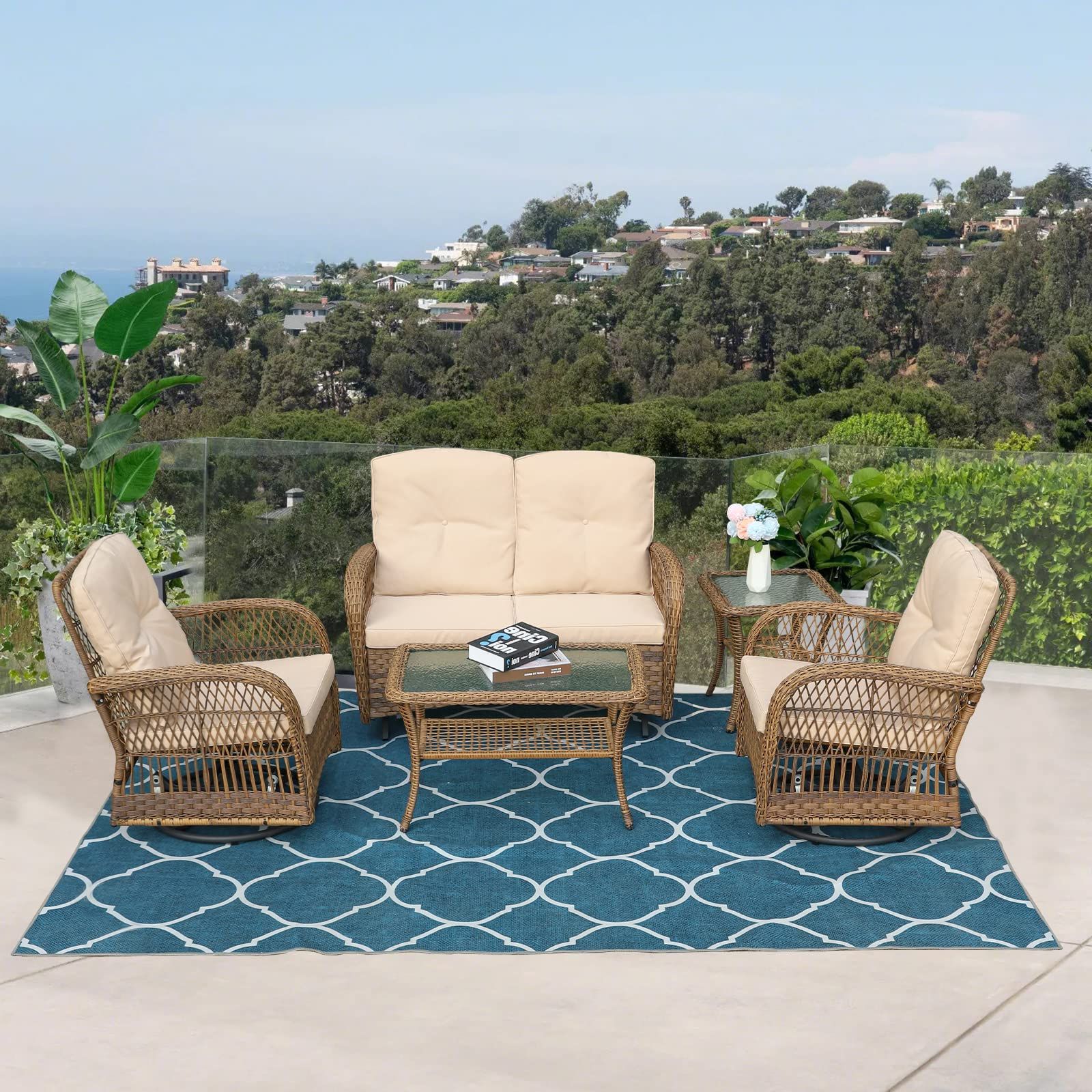 All Weather Rattan Conversation Set Throughout Most Recently Released Amazon: Vivijason 5 Piece Outdoor Patio Wicker Conversation Sets, All  Weather Outdoor Rattan Furniture Set Includes Glider Loveseat, 2 Coffee  Table, 2 Swivel Gliders Chairs With Cushions, Light Brown : Patio, Lawn &  Garden (Photo 1 of 15)