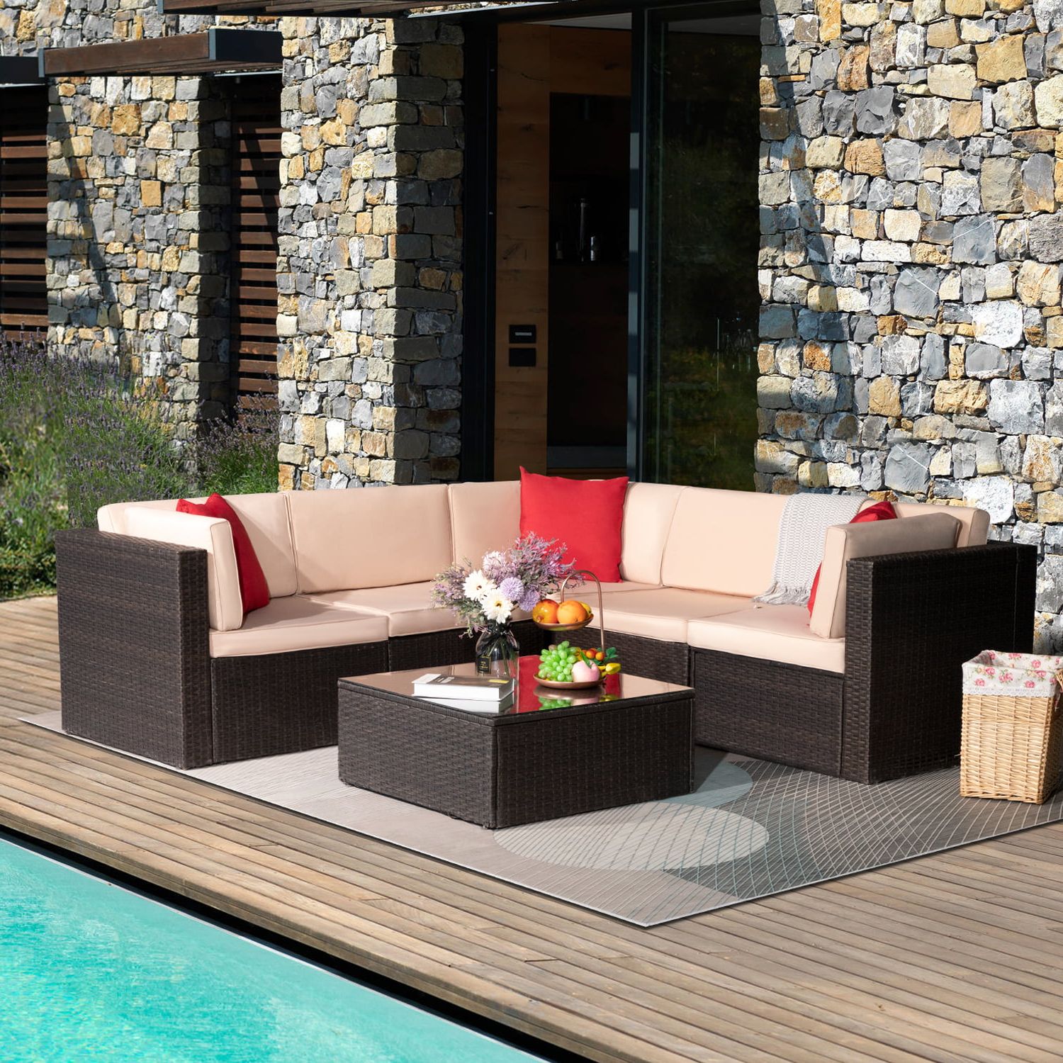 All Weather Rattan Conversation Set With Regard To Trendy Lacoo 6 Pieces Patio Sectional Sofa All Weather Pe Rattan Manual Wicker  Conversation Sets With Washable Cushions And Glass Table (brown) –  Walmart (View 7 of 15)