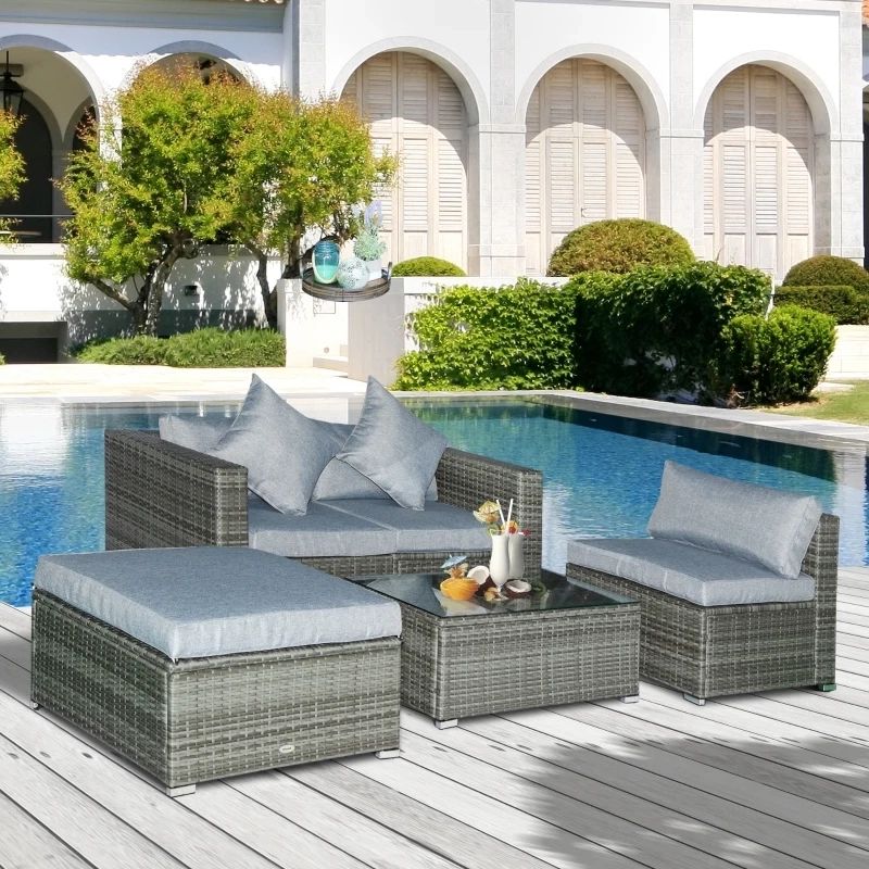 All Weather Wicker Outdoor Cuddle Chair And Ottoman Set For Most Recent Outsunny 5 Piece Patio Wicker Furniture Set, Outdoor Sectional Sofa Set  Rattan Conversation Sets With Tempered Glass Tabletop Coffee Table And  Ottoman For Garden, Balcony, Backyard, Mixed Grey (Photo 15 of 15)