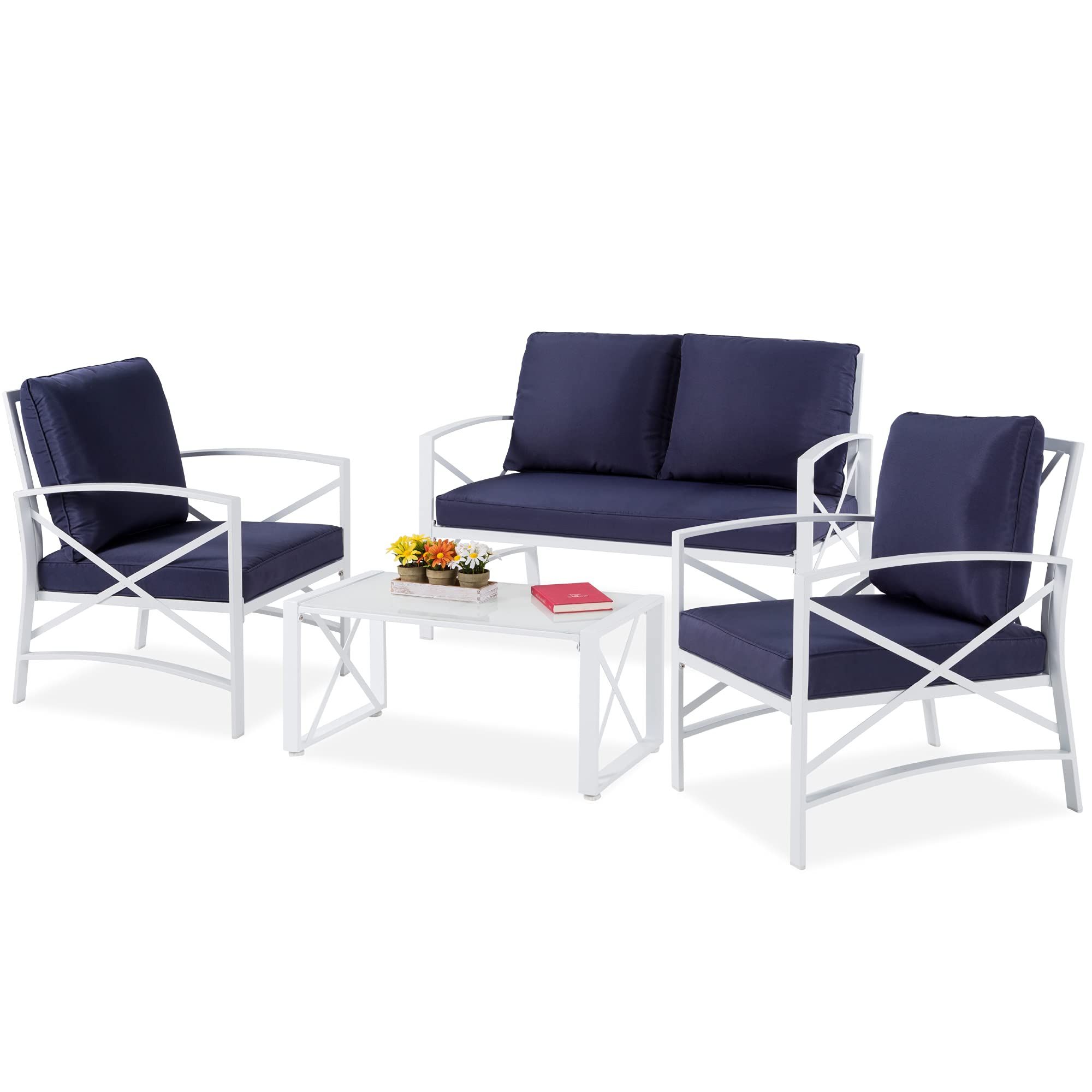 Amazon: Best Choice Products 4 Piece Patio Conversation Set, Cushioned  Metal Outdoor Furniture For Lawn, Poolside, Deck W/ 4 Seats, Loveseat Sofa,  2 Chairs, Tempered Glass Top Coffee Table – White/navy Blue : Intended For Recent Cushioned Chair Loveseat Tables (View 9 of 15)