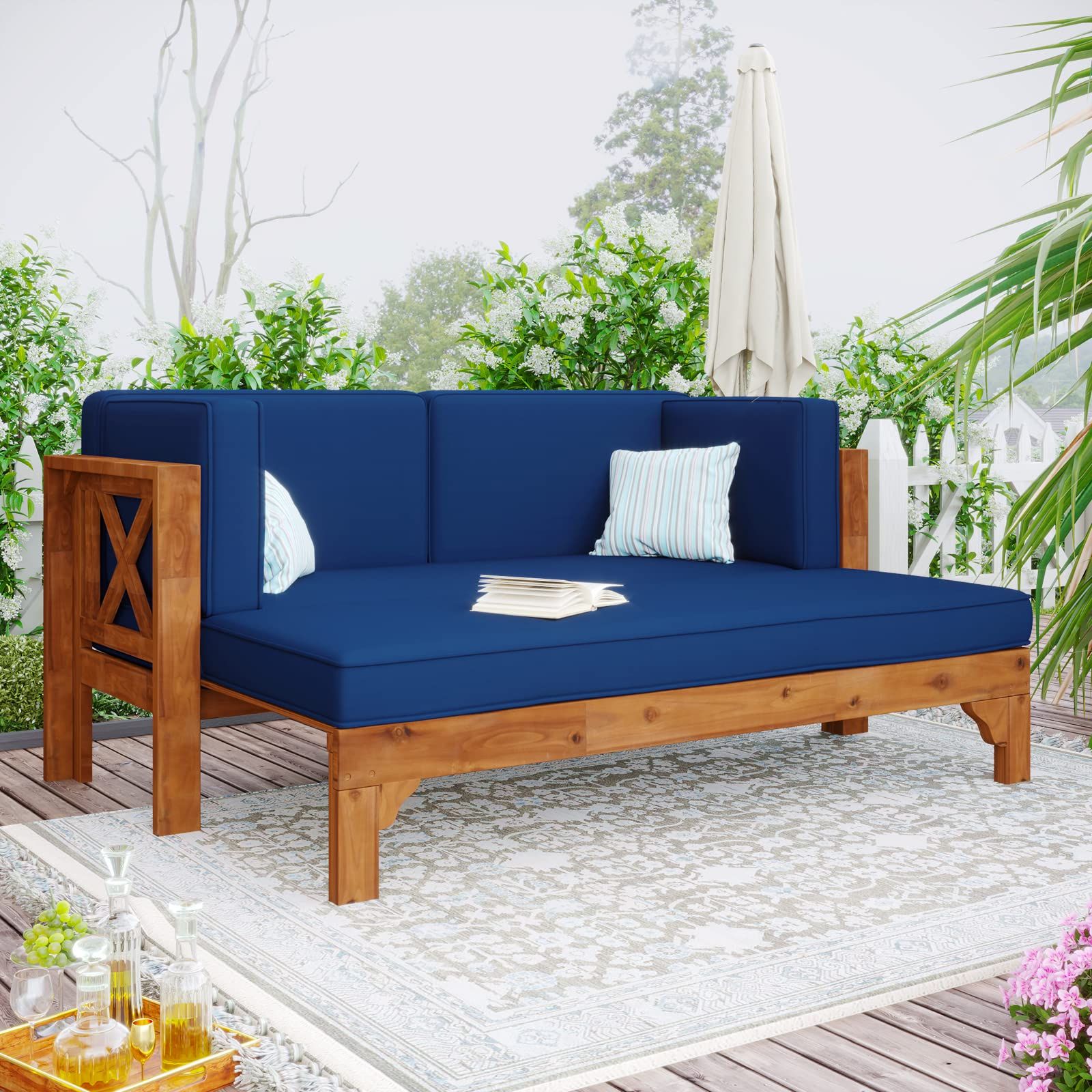 Amazon: Convertible Acacia Wood Sofa Patio Extendable Couch W/removable  Cushions & Armrest For Balcony Backyard, Multi Functional Outdoor Daybed  Sofa Bed Futon Deep Seating W/adjustable Seat For Garden Lawn : Patio, Lawn  & Inside Trendy Wood Sofa Cushioned Outdoor Garden (View 15 of 15)