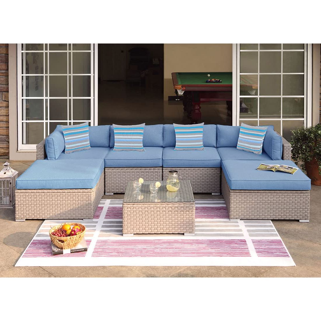 Amazon: Cosiest 7 Piece Outdoor Wicker Patio Furniture Set All Weather  Rattan Sectional Sofa W Thick Cushions, Glass Table, Pillows For Garden,  Pool, Backyard : Patio, Lawn & Garden Throughout Popular All Weather Wicker Sectional Seating Group (View 2 of 15)