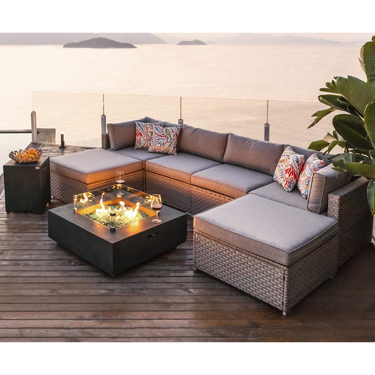 Amazon: Cosiest 8 Piece Fire Pit Table Outdoor Furniture Sofa, Gray  Wicker Cushion Sectional W 35 Inch Square Celadon Fire Heater (50,000 Btu)  W Wind Guard And Tank Outside(20lb) For Garden,pool : Patio, Lawn With Most Current Fire Pit Table Wicker Sectional Sofa Conversation Set (Photo 1 of 15)